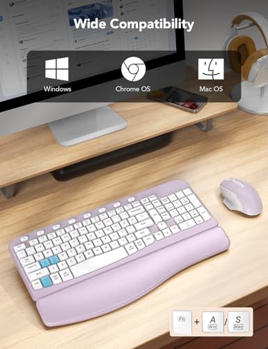 SABLUTE Wireless Keyboard and Mouse Combo with Ergonomic Wave Key | Leather Soft Palm Rest, 2.4G Full Size, 6-Button Mouse, 4-Level DPI, USB-A/C, MA12 Set for PC, Laptop, Windows, Mac (Purple) - color: Lavender Purple