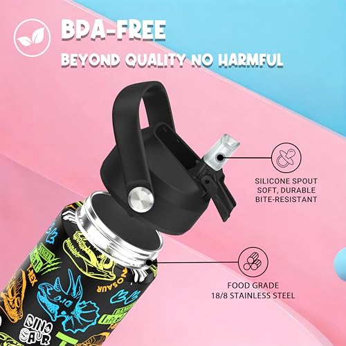 Boys Dinosaur Fossil Water Bottle for School，Kids 18 oz Insulated Stainless Steel Cup with Straw, Double-Wall Vacuum Leakproof - color: C13.Dinosaur-Fossil