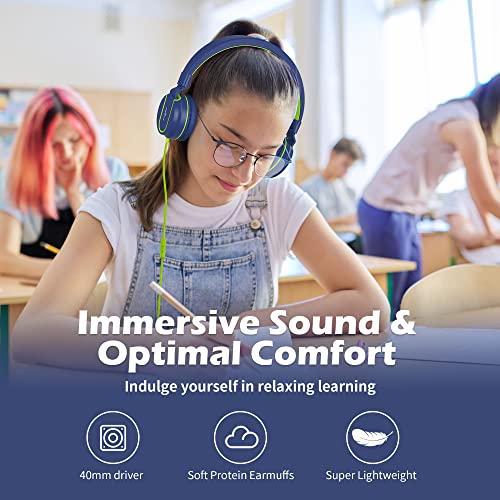 AILIHEN Kids Headphones, I35 On-Ear Headphones for School, Safe Volume 93dB, HD Mic Stereo Headphone for Kid Girls Boys, Foldable 3.5mm Wired for Chromebook, Laptop, Computer, Tablet (Blue Green) - color: Blue Green