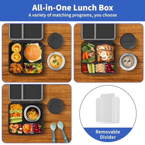 Bento Box for Kids with Thermo Food Container (9oz), 4-Compartment Lunch Box, Adjustable Divider, Leakproof Bento Lunch Box, Includes Utensils & Carry Bag for School, Office(Black) - color: Black