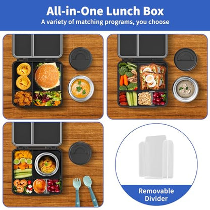 Bento Box for Kids with Thermo Food Container (9oz), 4-Compartment Lunch Box, Adjustable Divider, Leakproof Bento Lunch Box, Includes Utensils & Carry Bag for School, Office(Black) - color: Black