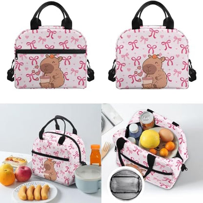 Teen Backpack with Matching Insulated Lunch Bag and Pencil Case Set for High School Middle School, Capybara 3-in-1 Bookbag Lunchbox Pouch for Girls, Durable Casual Daypack - color: Pink Bows-capybara