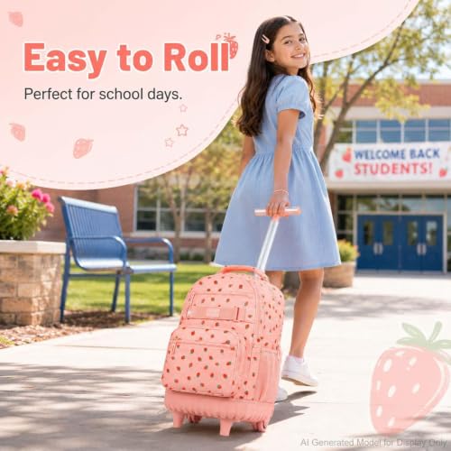 3Pcs Rolling Backpack for Women Girls with Large Wheels, 20 Inches Detachable Wheeled Backpack Set, Adults Water Resistant Roller Backpack for Travel, Work, College School (Pink) - color: Pink Strawberry