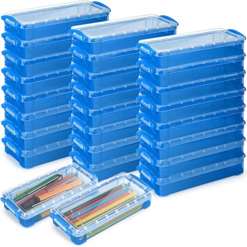 Gueevin 24 Pcs Large Capacity Plastic Pencil Box Clear Plastic Pencil Case Crayon Box with Snap Tight Lid Watercolor Pen Storage Brush Organizer Drawing Tools Container (Cute Blue) - color: Cute Blue
