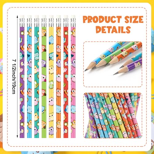 Gueevin 48 Pcs Owl Wooden Pencil with Eraser Cute Cartoon Assorted Stationery Pencils Novelty Animal Printed for Students Teacher Classroom School Reward Prize Party Favors
