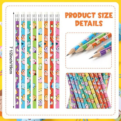 Gueevin 48 Pcs Owl Wooden Pencil with Eraser Cute Cartoon Assorted Stationery Pencils Novelty Animal Printed for Students Teacher Classroom School Reward Prize Party Favors