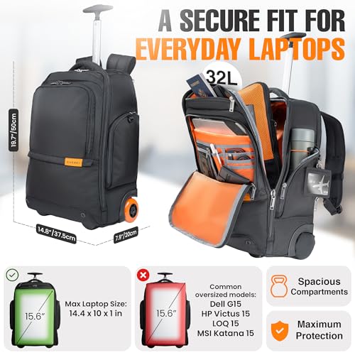 EVERKI 123 Wheeled 32L Laptop Backpack - Rolling Backpack for Men & Women - Carry-On Travel Roller Backpack for Laptops - Fits 15.6 to 16 Inches with Replaceable Wheels for Business & Work - Black - size: Wheeled 123 Laptop Backpack - 32L
