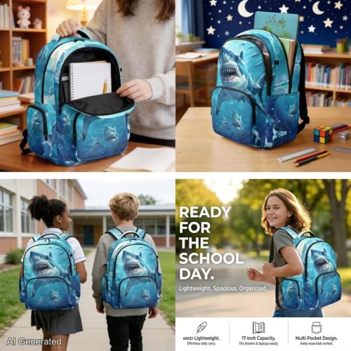 Blue Shark Backpack for Boys Kids Backpack with Lunch Box for Boys Set of 4 School Backpacks Matching Combo Back to School Gifts and Pencil Case Pouch for Teens Children Ages 6-17 17 inch - color: Blue Shark