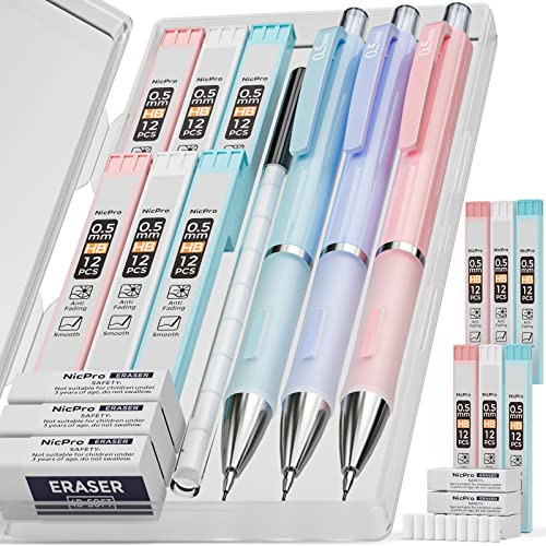 Nicpro 3PCS Pastel Mechanical Pencil Set, 0.5 Mechanical Pencils with 6 Tube HB Lead 0.5mm, 3 Eraser and 9 Eraser Refill & Case, Aesthetic School Supplies for Drafting Sketching, Drawing & Writing - style: 3 Pack (0.5mm)