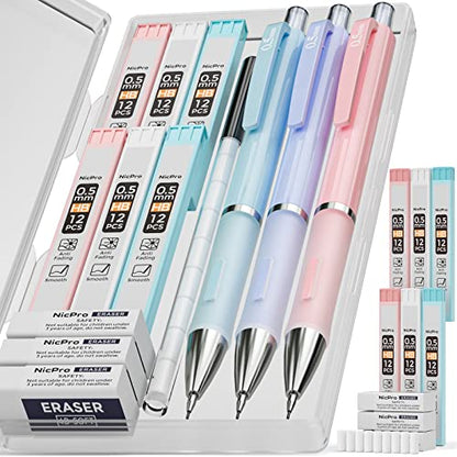 Nicpro 3PCS Pastel Mechanical Pencil Set, 0.5 Mechanical Pencils with 6 Tube HB Lead 0.5mm, 3 Eraser and 9 Eraser Refill & Case, Aesthetic School Supplies for Drafting Sketching, Drawing & Writing - style: 3 Pack (0.5mm)