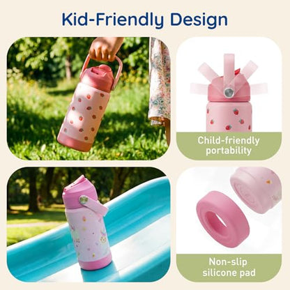 Mommore Kids Insulated Water Bottle with Soft Rubber Handle, 12oz Stainless Steel Thermos with Straw Lid, Leak Proof, Easy to Clean Design, Vacuum Small Canteen for School Boys Girls, Green-1 Pc - color: Green