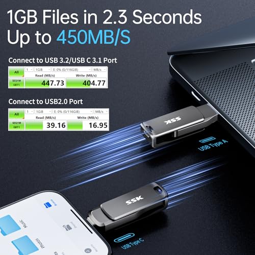 SSK 64GB USB Flash Drive,Up to 450MB/s Read,2 in 1 USB C+A Thumb Drive | USB 3.2 Gen 2 Memory Stick, 1GB in 2.3s, Zinc Alloy Keyhole, for iPhone 15/16/17, Android, Laptop, Car Audio - size: 64GB