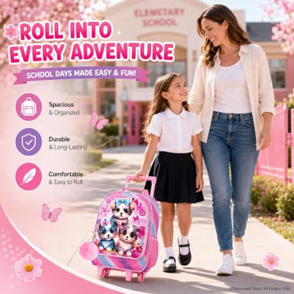 AGSDON 3PCS Rolling Backpack for Girls and Boys, Kids Roller Wheels Bookbag, Wheeled Elementary School Bag with Lunch Bag - color: Three Dog