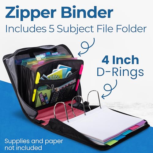Case-it King Sized Zip Tab School Zipper Binder | 4-Inch D-Rings, 800 Sheet Capacity, 5-Subject Expanding File Folder, Multiple Pockets & Storage Organizer, Shoulder Strap|D-186 Fire Engine Red|4 Pack