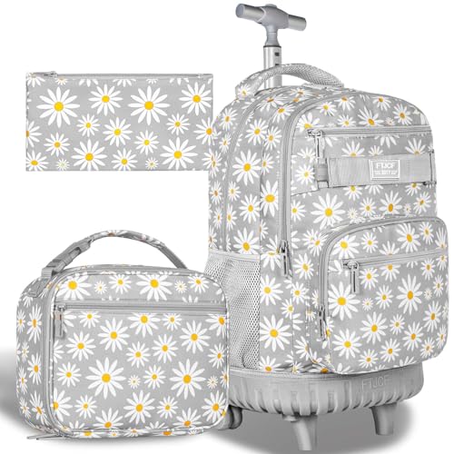 AGSDON Rolling Backpack for Girls, Women Roller Wheels Bookbag, Laptop Daisy Wheeled School Bag with Wheels for Teens - color: Daisy Grey