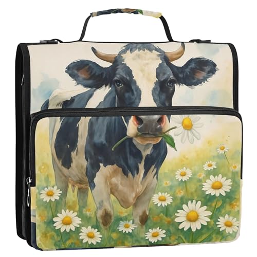 Daisy Flower Cow Zipper Binder with Shoulder Strap, 500 Sheets Capacity, Multiple Pockets 1.5Inch 3 Ring Zipper Binder - color: Daisy Flower Cow