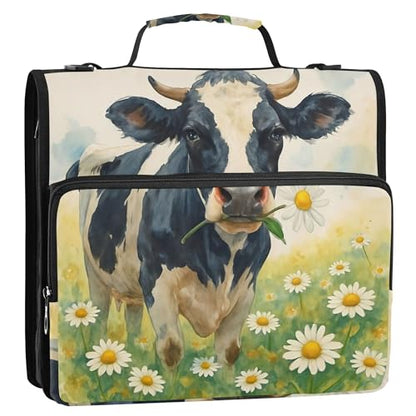 Daisy Flower Cow Zipper Binder with Shoulder Strap, 500 Sheets Capacity, Multiple Pockets 1.5Inch 3 Ring Zipper Binder - color: Daisy Flower Cow