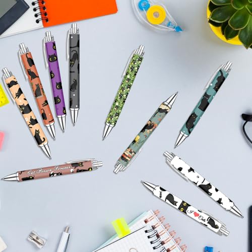 Idealmuzik Black Cat Ballpoint Pens Set – Cute Aesthetic Cat Design Pens for Office, Journaling, and Stationery Lovers – Smooth Writing Pens for Daily Use, Notes, or Gifts – Stylish & Fun, 10 Pack - style: Black Cat
