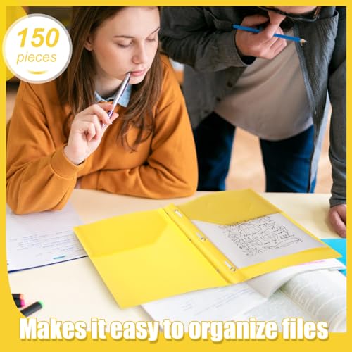 Yeaqee 150 Pack Plastic Folders with Prongs Heavy Duty Plastic 2 Pocket Folder with 3 Prongs, Business Card Slot for Back to School Office Home 11.6 x 9.5 Inch (Yellow) - color: Yellow