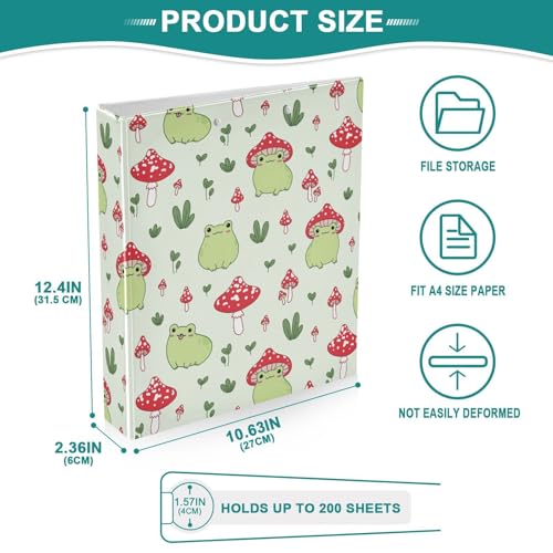 Cute Mushroom Frog Kawaii Frog Binder 1.5 Inch Binder with Clipboard&Pockets, Hardcover Binders 3 Ring, Heavy Duty Large File Folder for Office School Supplies - Holds 200 Sheets - color: Kawaii Mushroom Frog, size: 1 Pack-12.4x10.63in
