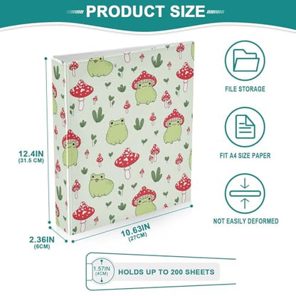 Cute Mushroom Frog Kawaii Frog Binder 1.5 Inch Binder with Clipboard&Pockets, Hardcover Binders 3 Ring, Heavy Duty Large File Folder for Office School Supplies - Holds 200 Sheets - color: Kawaii Mushroom Frog, size: 1 Pack-12.4x10.63in