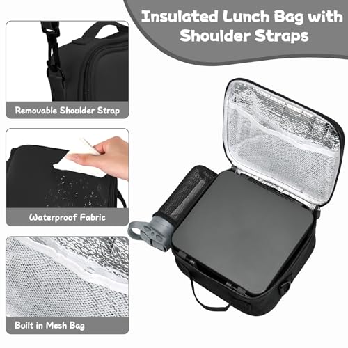 Kids Bento Lunch Box with 8oz Soup Thermo, Water Bottle, Kids Leakproof Lunch Food Containers with 4 Compartment, Insulated Hot Food Jar with Lunch Bag for School, Trvael (Black) - color: Black