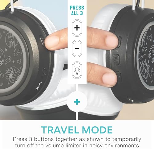 MEE audio KidJamz Share Bluetooth Headphones for Kids with LED Lights, 85dB Volume Limiter, Microphone, 40h Battery; Childrens Headset for School/iPhone/iPad/Tablet (Model: KJ55BT-S, 1-Pack) - color: Black, style: Share