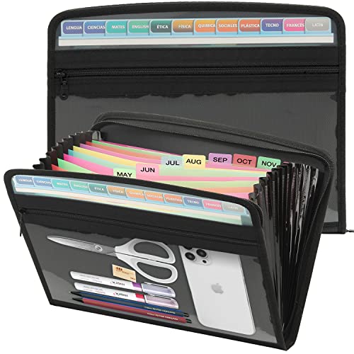 Mukawa 13 Pocket Expanding File Folder, Zippered Accordion File Organizer with Front Clear Pounch, Expandable Filing Folders for Documents, Papers Letter Size, Black - color: Black