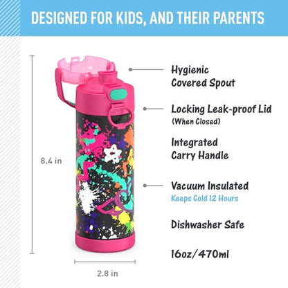 THERMOS FUNTAINER Water Bottle with Spout, 16oz, Graffiti Girl | Kids Stainless Steel Insulated Water Bottle, Keeps Drinks Cold Longer for School & Play, BPA-Free - color: Graffiti Girl, size: 16 Ounces