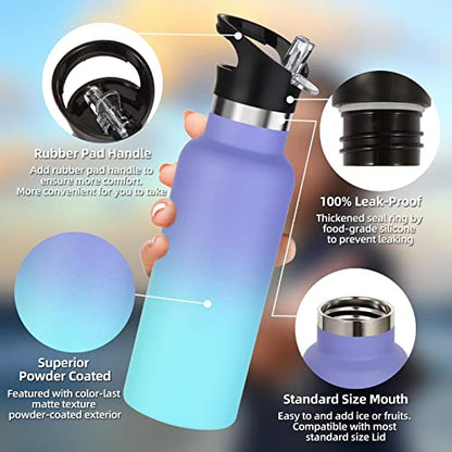 Volhoply 17oz Kids Insulated Water Bottle,Stainless Steel Water Bottles with Straw Lid,Double Wall Vacuum Metal Cups Water Bottle,Reusable Sports School Water Flask Keep Cold(Purple Blue,1 Set) - color: Purple Blue