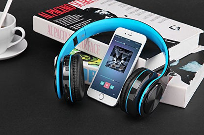 Wireless Headset with Mic, Foldable Bluetooth Headphone with 3.5mm Audio Jack, Built-in Noise Cancelling Microphone, Support for Plug-in Card, for PC, Phone(Black+Blue)