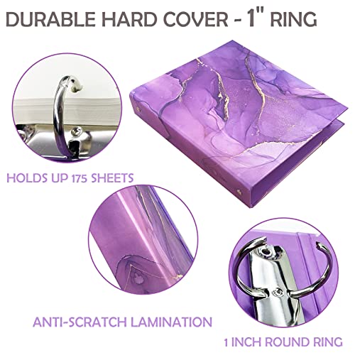 Mini Binders 5.5 x 8.5 Three Ring, Decorative Hardcover With Elastic Cord, 1 Inch Purple Marble Design, for School, Office, and Home Use, Playbill and Recipe Binder, 2 Pack