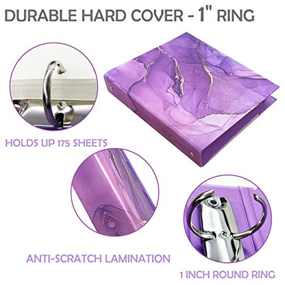Mini Binders 5.5 x 8.5 Three Ring, Decorative Hardcover With Elastic Cord, 1 Inch Purple Marble Design, for School, Office, and Home Use, Playbill and Recipe Binder, 2 Pack