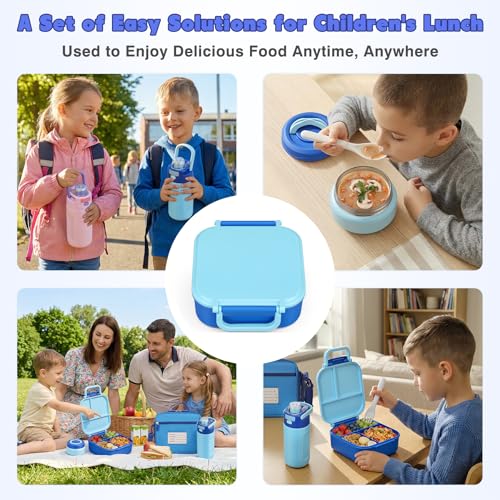 Bento Lunch Box for Kids with 7oz Soup Thermo,Insulated Stainless Steel Kids Water Bottle with Straw and Insulated Lunch Bag,Leak-Proof Lunch Food Container with Ice Pack for School(Blue) - color: Blue