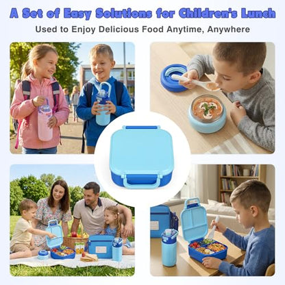 Bento Lunch Box for Kids with 7oz Soup Thermo,Insulated Stainless Steel Kids Water Bottle with Straw and Insulated Lunch Bag,Leak-Proof Lunch Food Container with Ice Pack for School(Blue) - color: Blue