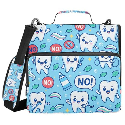 Dental Health Cartoon Teeth Blue Office Binder Organizer with Shoulder Strap Waterproof 1.5 Inch 3 Rings Pencil Bags Portfolio Binder Documents Files Organizer - color: Dental Health Cartoon Teeth Blue