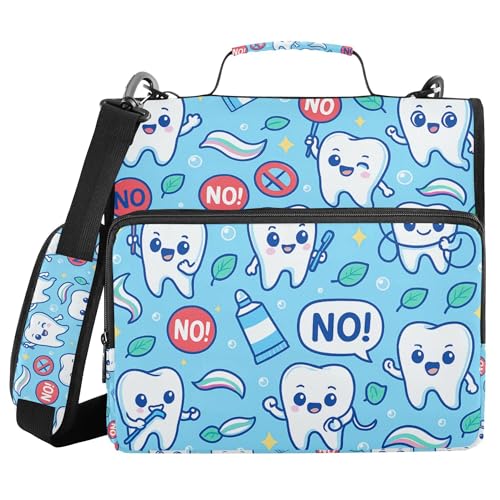 Dental Health Cartoon Teeth Blue Office Binder Organizer with Shoulder Strap Waterproof 1.5 Inch 3 Rings Pencil Bags Portfolio Binder Documents Files Organizer - color: Dental Health Cartoon Teeth Blue