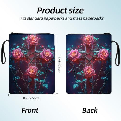 Padded Book Sleeve with Zipper & Front Pocket, Fabric Book Cover | Gothic Rose Flower Cross11.4"x8.7" Washable Canvas Pouch for Hardcovers, Tablets & Reading Accessories - color: Gothic Rose Flower Cross