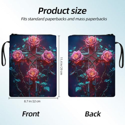 Padded Book Sleeve with Zipper & Front Pocket, Fabric Book Cover | Gothic Rose Flower Cross11.4"x8.7" Washable Canvas Pouch for Hardcovers, Tablets & Reading Accessories - color: Gothic Rose Flower Cross