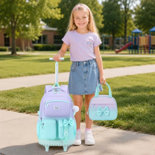 Bevalsa Rolling Backpack for Girls, Roller Backpack with Wheels, Cute Bow Wheeled School Bookbag Set with Lunch Bag & Pen Case, Suitcases for Kids Teens Elementary Middle Student (Purple Green) - color: Purple Green