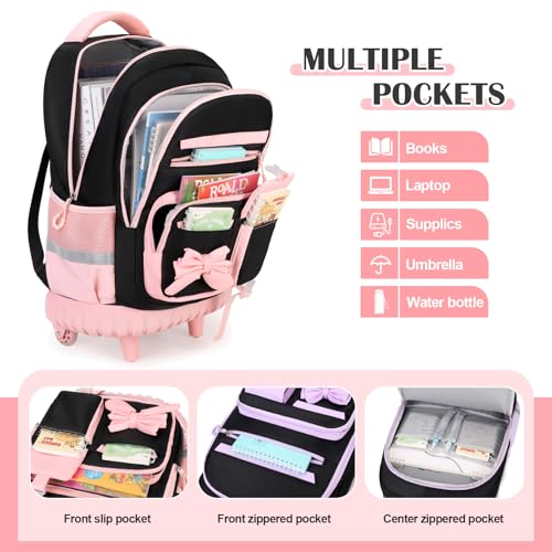 DIGOBAY Rolling Backpack for Girls, Cute Roller School Bag with Wheels, Kids Wheeled Backpacks Set with Lunch Bag Pencil Case for Teen Girls Kindergarten Elementary Middle School - color: Black-pink