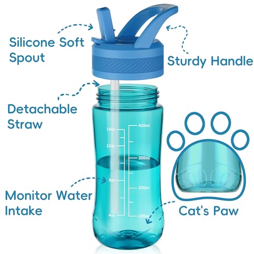 14oz Clear Kids Water Bottle with Straw Lid, BPA-Free Tritan, Measurement Scale, Sturdy Handle Wide Mouth Leak-proof Reusable Plastic Bottle for Boy& Girls, Back to School(Blue) - color: Blue
