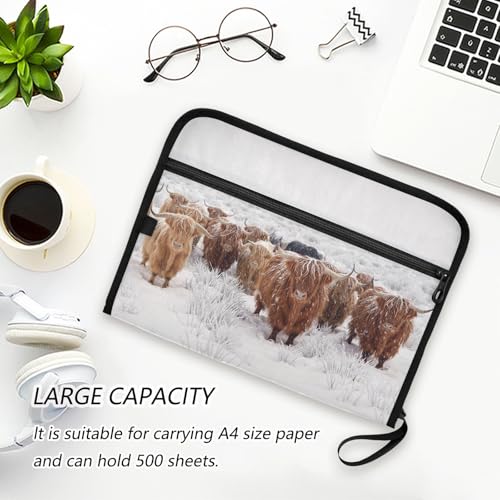 Scottish Highland Cow Winter Expanding Accordion File Folder with 13 Pockets and Zipper Closure - color: Scottish Highland Cow in a Natural Winter