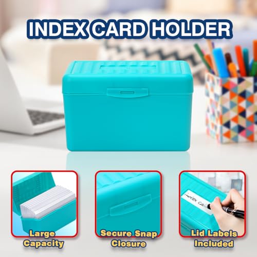H4D 3x5 Index Card Holder with 100 Index Cards and 25 Dividers, Teal | 3x5 Inch Plastic Box, Heavyweight 3x5 Index Cards, Plastic 3x5 Index Card Dividers, Snap Closure Lid - color: Teal, size: 3"x5"