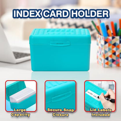 H4D 3x5 Index Card Holder with 100 Index Cards and 25 Dividers, Teal | 3x5 Inch Plastic Box, Heavyweight 3x5 Index Cards, Plastic 3x5 Index Card Dividers, Snap Closure Lid - color: Teal, size: 3"x5"