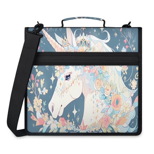 Unicorn Fantasy Zipper Binder, 3 D-Ring Expanding File Folder with Handle & Adjustable Shoulder Strap, 400 Sheets Capacity Multi-Pocket Organizer for 13 Inch Laptop - color: Unicorn Fantasy