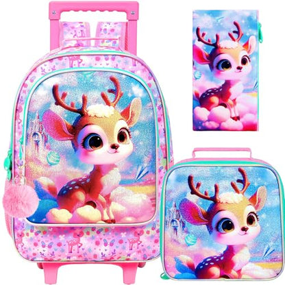 gxtvo Girls Rolling Backpack, Cute Deer Roller Wheels Kids Bookbag - Wheeled Elementary School Bag - 3PCS Deer - color: Uv Printing Clouds Sika Deer Rolling Backpack