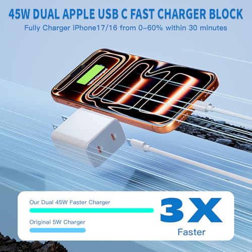45W Apple 17 16 15 Fast USB C Charge Block, 2-Pack Apple Charger Plug & 10FT Long USB C Cable Cords,iPhone 17 Charger Fast Charging,Compatible with iPhone 17/16/15/Air/Pro/Pro Max/e/Plus/iPad/AirPods