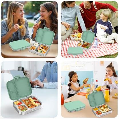 Pawtong Stainless Steel Bento Lunch Box for Kids | 3-Compartment Lunch Box Container Kids | 100% Leakproof, Eco-Friendly, Perfect Portion Control for Kids&Adult Healthy Meals (Green) - color: Green