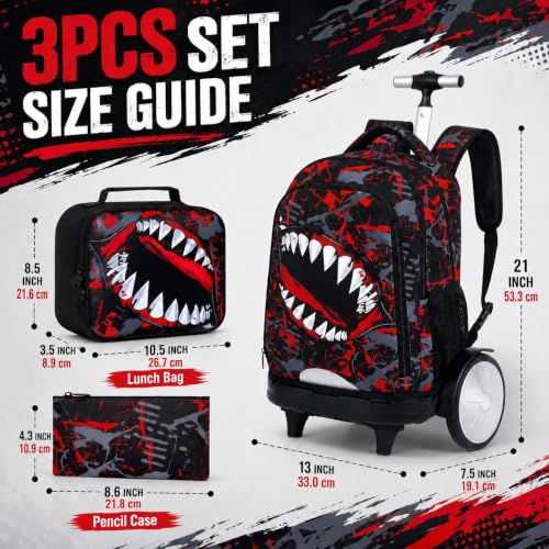 3Pcs Large Rolling Backpack for Boys, 20 Inch Detachable Light Up Wheeled Bookbag with Lunch Box, Durable Graffiti Shark Roller Backpack for Elementary Middle School (Red) - color: Large Wheels Mouth Red